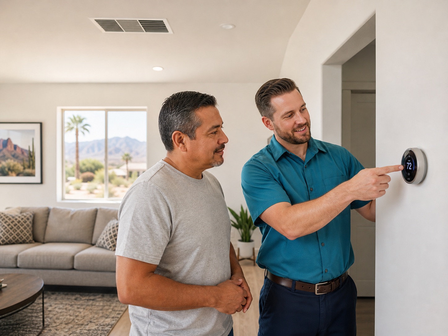 HVAC technician explaining thermostat settings to a Glendale homeowner